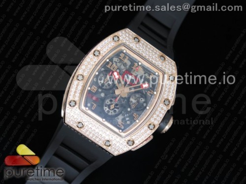 KV공장 리차드밀 RM011 골드 다이아 RM011 RG Chronograph Diamonds Bezel KVF 1_1 Best Edition Crystal Skeleton Dial on Black Rubber Strap A7750