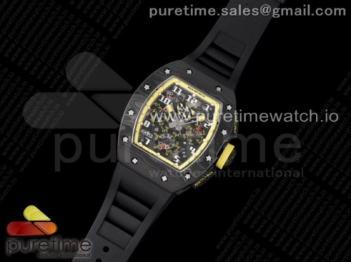 KV공장 리차드밀 RM011 카본 스켈레톤다이얼 옐로우이너베젤 블랙러버 _ RM011 NTPT Carbon Chrono KVF 11 Best Edition Crystal Skeleton Dial Yellow Inner Bezel on Black Rubber Strap A7750