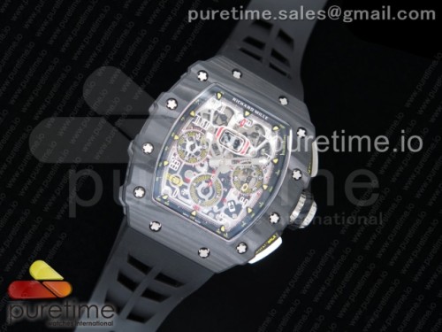KV공장 리차드밀 RM011 카본 케이스 크로노 RM011 Carbon Case Chrono KVF 1_1 Best Edition Crystal Skeleton Yellow Dial on Black Racing Rubber Strap A7750
