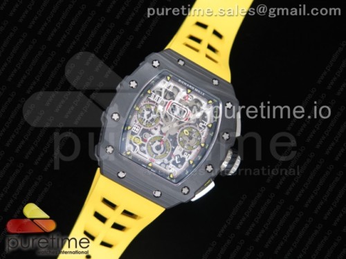 KV공장 리차드밀 RM011 카본 케이스 크로노 RM011 Carbon Case Chrono KVF 1_1 Best Edition Crystal Skeleton Yellow Dial on Blue Racing Rubber Strap A7750