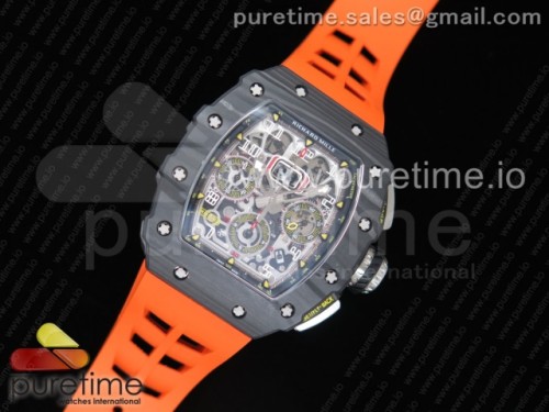 KV공장 리차드밀 RM011 카본 케이스 크로노 RM011 Carbon Case Chrono KVF 1_1 Best Edition Crystal Skeleton Yellow Dial on Orange Racing Rubber Strap A7750