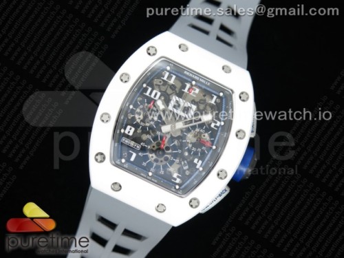 KV공장 리차드밀 RM011 화이트세라믹 스켈레톤 그레이러버 _ RM011 Real White Ceramic Chronograph KVF 11 Best Edition Crystal Skeleton Dial Blue on Gray Rubber Strap A7750