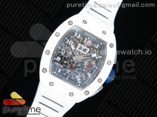 KV공장 리차드밀 RM011 화이트세라믹 스켈레톤 화이트러버 _ RM011 Real White Ceramic Chronograph KVF 11 Best Edition Crystal Skeleton Dial Blue on White Rubber Strap A7750
