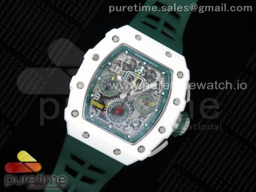 KV공장 리차드밀 RM011 화이트세라믹케이스 스켈레톤다이얼 러버 _ RM011 Real White Ceramic Chronograph KVF 11 Best Edition Crystal Skeleton Dial Green on Green Rubber Strap A7750