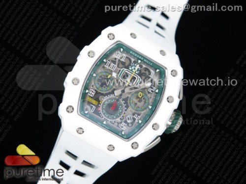 KV공장 리차드밀 RM011 화이트세라믹케이스 스켈레톤다이얼 화이트러버 _ RM011 Real White Ceramic Chronograph KVF 11 Best Edition Crystal Skeleton Dial Green on White Rubber Strap A7750