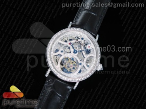 피아제 뚜르비옹 풀 파베 다이아몬드 스켈레톤 다이얼 블랙 레더 스트랩 Gouverneur Tourbillon SS Full Paved Diamonds Skeleton Dial on Black Leather Strap
