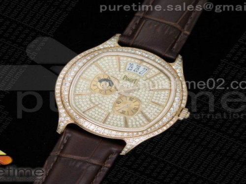 피아제 엠페라도르 로즈골드 풀 파베 다이아몬드 브라운 레더 스트랩 Emperador RG Full Paved Diamonds on Brown Leather Strap A23J