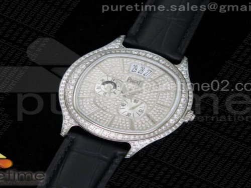 피아제 엠페라도르 풀 파베 다이아몬드 블랙 레더 스트랩 Emperador SS Full Paved Diamonds on Black Leather Strap A23J