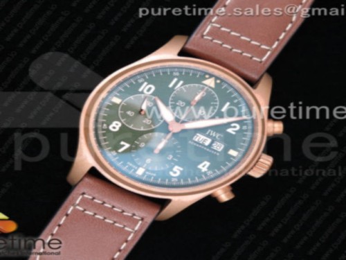 AI공장 IWC파일럿 크로노그래프 스핏파이어 브론즈케이스 그린다이얼 가죽 _ Pilot Chrono Spitfire IW387902 Bronze AIF Best Edition Green Dial on Brown Leather Strap A7750