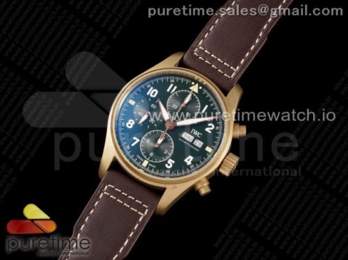 AZ공장 IWC 파일럿 크로노그래프 스핏파이어 브론즈케이스 그린다이얼 가죽 _ Pilot Chrono Spitfire IW387902 Bronze AZF 1_1 Best Edition Green Dial on Brown Leather Strap A7750