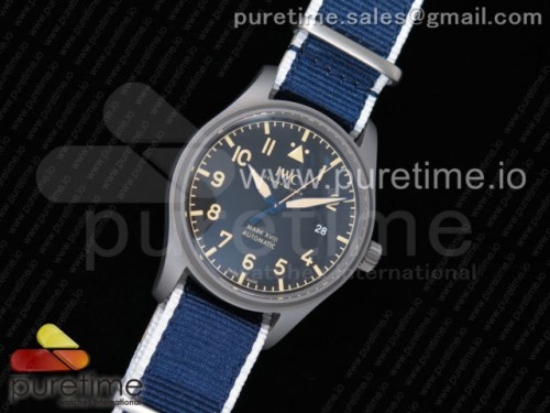 M+F공장 IWC 마크18 헤리티지 티타늄 블랙다이얼 화이트 앤 블루 나일론스트랩 _ Mark XVIII IW327006 Titanium Grand M+F 11 Best Edition Black Dial on Blue Nylon Strap A35111 (Free Leather Strap)