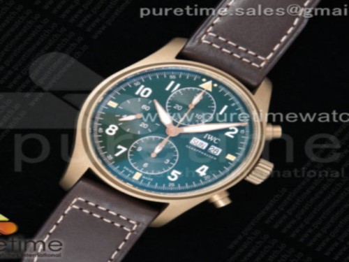 ZF공장 IWC 파일럿 크로노그래프 스핏파이어 브론즈케이스 그린다이얼 가죽 _ Pilot Chrono Spitfire IW387902 Bronze ZF 11 Best Edition Green Dial on Brown Leather Strap A7750