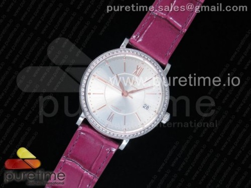MK공장 IWC 포르토피노 골드 가죽 Portofino Automatic 37 SS MK 1_1 Best Edition Silver Dial Diamonds Bezel on Pueple Leather Strap MIYOTA 9015