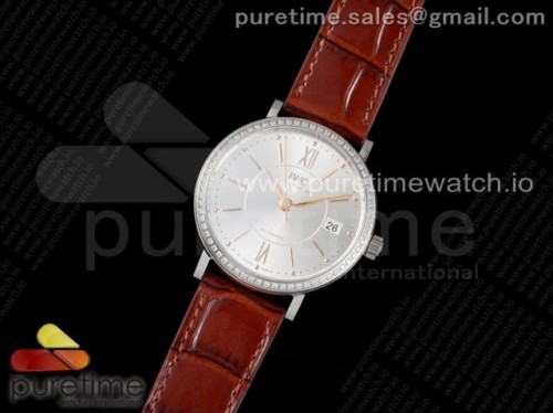 V7공장 IWC 포르토피노 실버다이얼 다이아베젤 브라운가죽 _ Portofino 37mm SS V7F 11 Best Edition White Dial Diamonds Bezel on Brown Leather Strap A2892