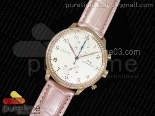 ZF공장 IWC 포루투기저 3714 화이트다이얼 다이아몬드베젤 로즈골드 _ 가죽 Portuguese Chrono IW3714 RG ZF White Dial Diamonds Inner Bezel on 6 Colors Leather Strap A7750 (Same Thickness as Genuine)