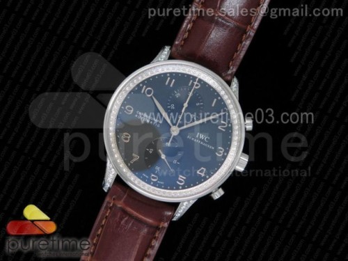 ZF공장 IWC 포르투기저 371431 크로노 다이아몬드베젤 _ 가죽 Portuguese Chrono IW371431 ZF 1_1 Best Edition Full Paved Diamonds on Brown Leather Strap A7750 (Same Thickness as Genuine)