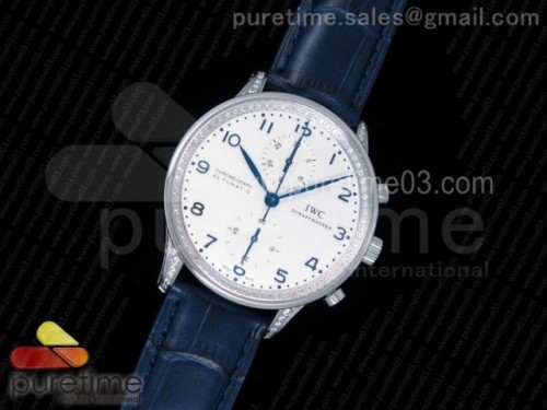 ZF공장 IWC 포르투기저 371446 크로노 다이아몬드베젤 _ 가죽 Portuguese Chrono IW371446 ZF 1_1 Best Edition Full Paved Diamonds on BlueLeather Strap A7750 (Same Thickness as Genuine)