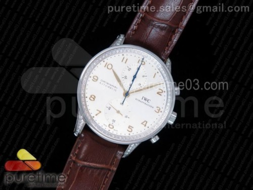ZF공장 IWC 포르투기저 371480 크로노 다이아몬드베젤 _ 가죽 Portuguese Chrono SS IW371480 ZF 1_1 Full Paved Diamonds Best Edition on Brown Leather Strap A7750 (Same Thickness as Genuine)