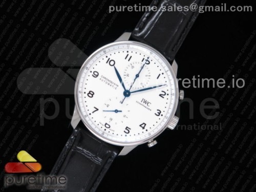 ZF공장 IWC 포르투기저 크로노그래프 150주년 화이트다이얼 블루핸즈 _ Portugieser Chronograph Edition “150 Years” IW371602 ZF 11 Best Edition White Dial on Black Leather Strap A7750 (Slim Movement)