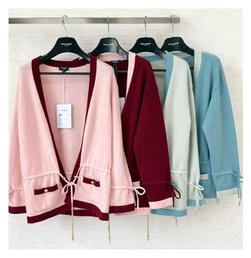 (AR 공장) 샤넬 25FW 퓨어 울 커스텀 다이드 콘트라스트 컬러 스티칭 드로스트링 카디건